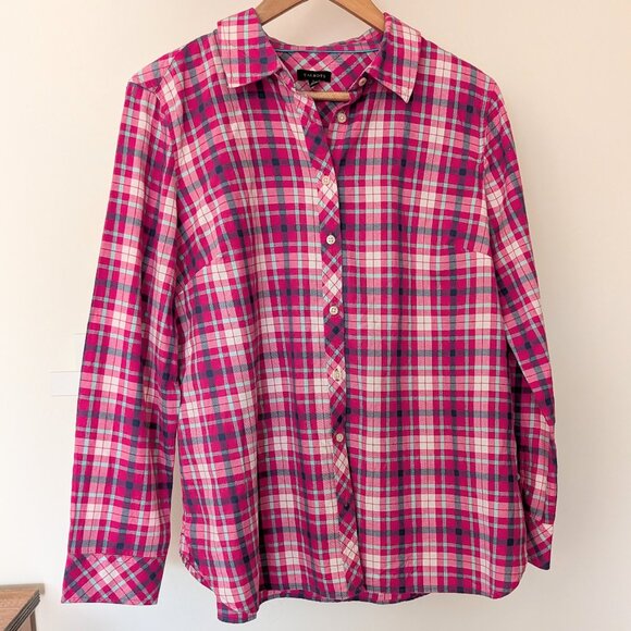 Talbots 100% Cotton Button Up Soft Plaid Shirt Women's L Hot Pink Navy White - Picture 1 of 6